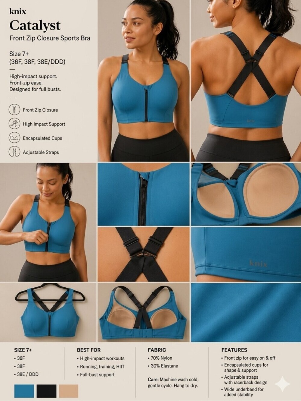 Sz 7+ (36F, 38F, 38E/DDD) knix Catalyst Front Zip Closure Sports Bra